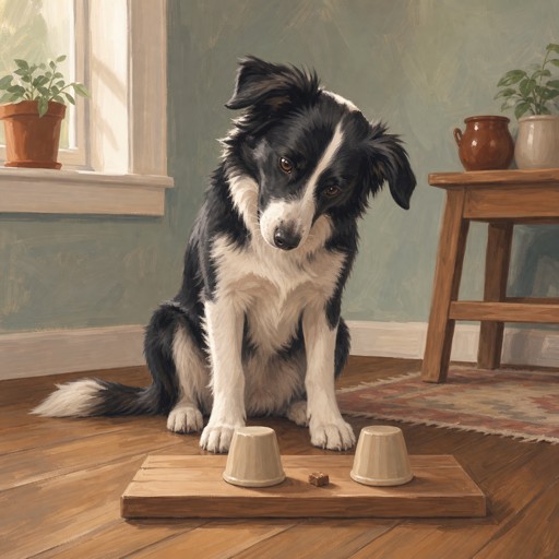 A painted Border Collie studying two cups on the floor