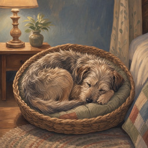 A painted dog asleep in a wicker basket by a lamplit bed