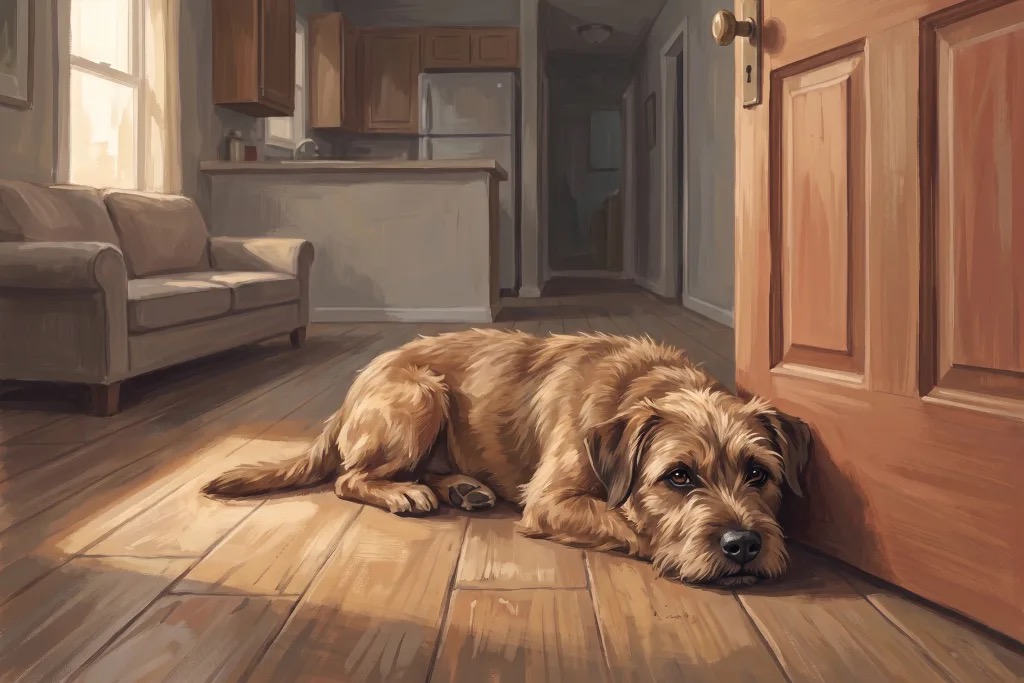 A painted dog lying by the front door, waiting