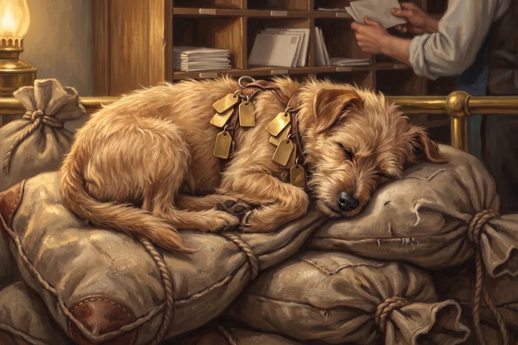 A painted terrier asleep on mailbags in a sorting room