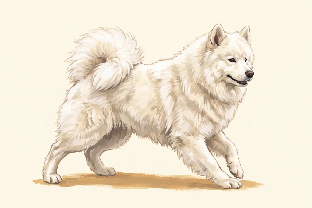 A painted Samoyed mid-stride, on warm paper