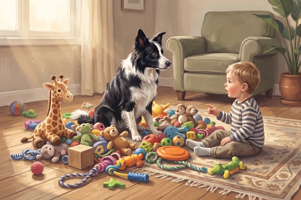 A painted Border Collie sitting among a thousand toys