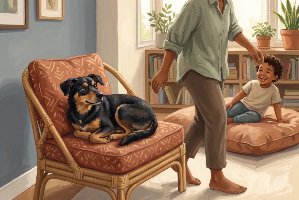 A painted dog curled on a chair in a warm living room